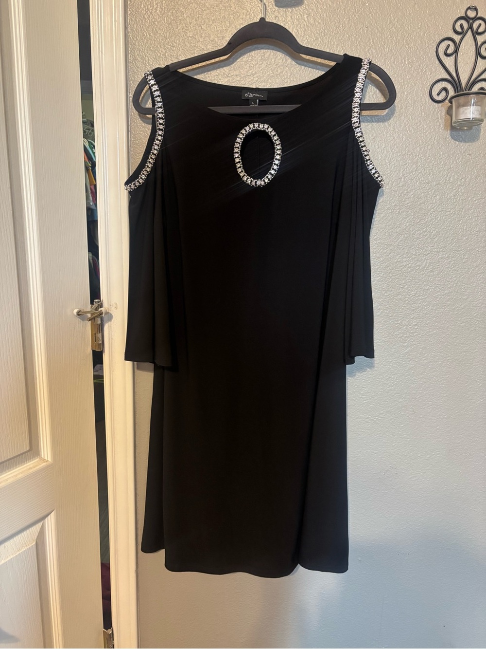 Black Cold-Shoulder Mini Dress with Crystal Trim by Allegra K